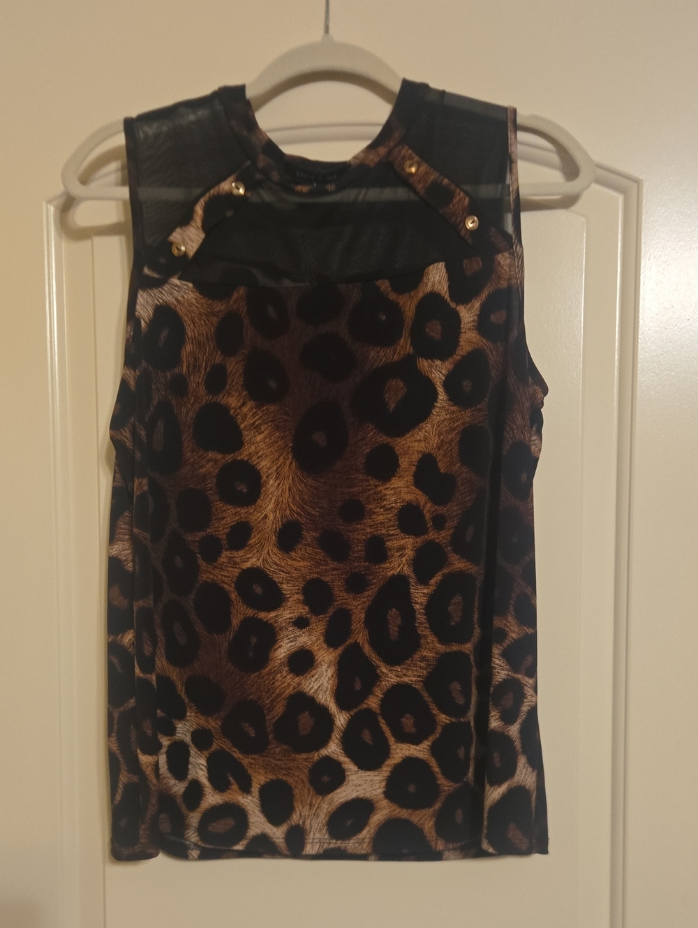 Large Adele & May Sleeveless Leopard Print Mesh Yoke Top - Brown & Black